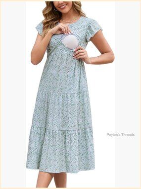 Women Nursing Midi Dress Flutter Sleeve Crew Neck Loose Maternity Summer Dress